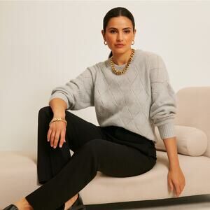 AUTUMN CASHMERE Pearl Embellished Knit 100% Cashmere Sweater Gray Sz L {3P25}